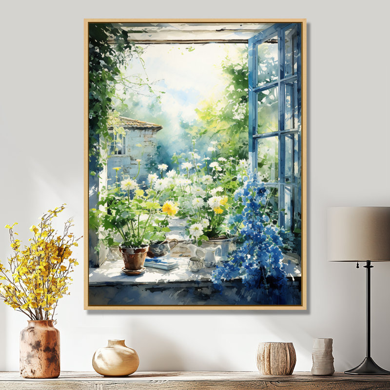 Vert et bleu campagne fenêtre charme II - ferme fenêtres, art mural sur toile, Cadre flottant brun, 32" H x 24" W