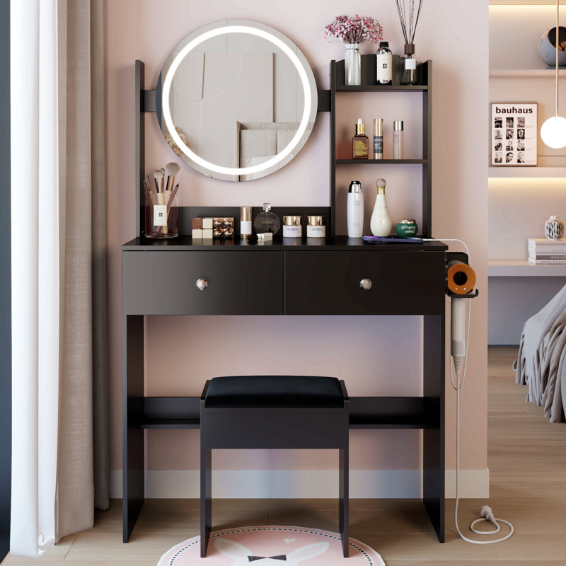 Table de coiffeuse à miroir rond 17 po + tabouret rembourré 17 po, équipé d'une prise de courant 2 CA + 2 USB, grand miroir, interrupteur tactile, 3 couleurs, luminosité réglable, grand bureau, rangement multicouche de grande capacité