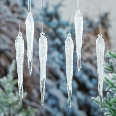 White Glass Icicle Hanging Décor, 12"H, Set of 6