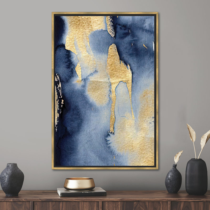 Modern Abstract Canvas Art - Trendy Shimmery Contemporary Artwork, Floater Framed Print without Mat, 50 cm H x 70 cm W, Gold