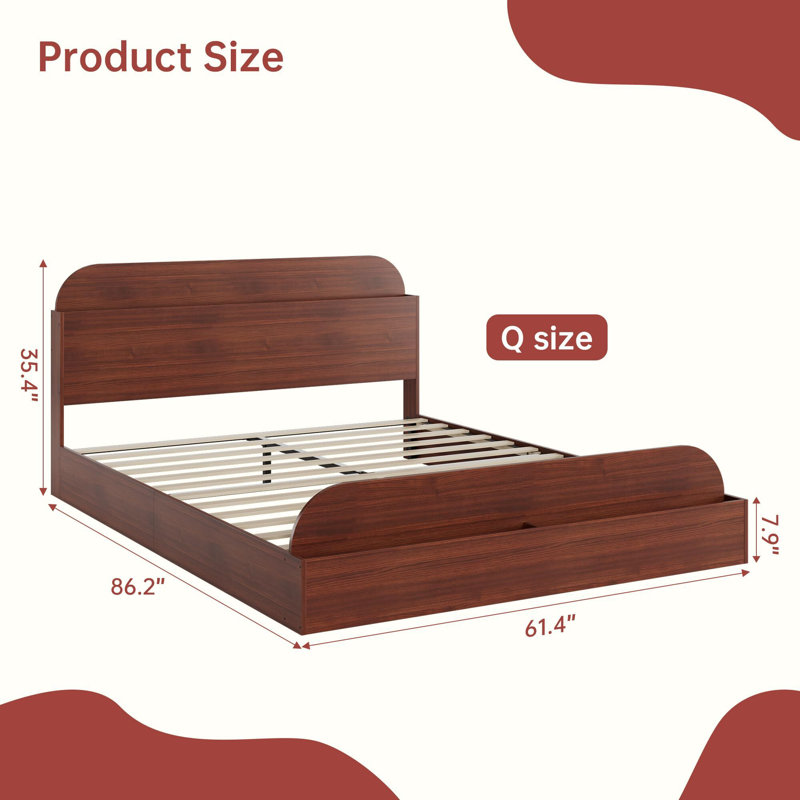 Bed Frame with Storage Headboard and Footboard, Low Platform Bed for Bedroom, No Box Spring Needed, Red, Red, Queen