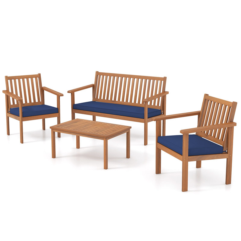 4 - Person Acacia Wood Patio Conversation Set with Cushions, Navy