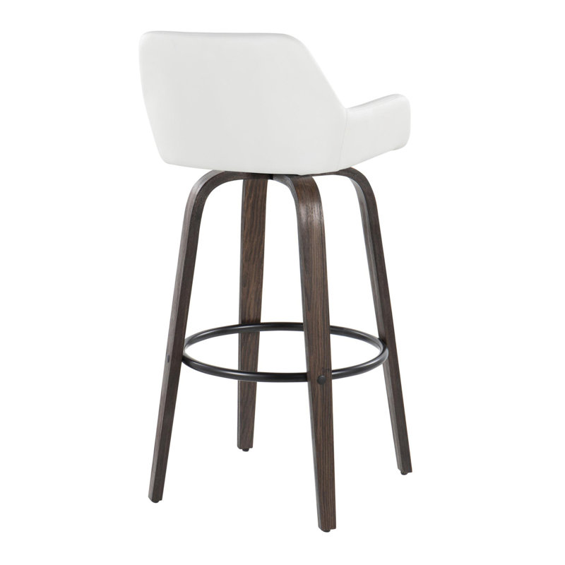 Daniella 30" Contemporary Fixed-Height Barstool With Swivel In Walnut Glazed Wood And White Faux Leather With Round Black Metal Footrest By Lumisource - Set Of 2