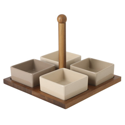  Ensemble de 4 assiettes, condiments et trempettes en grès avec plateau en bois d'acacia 4 pièces