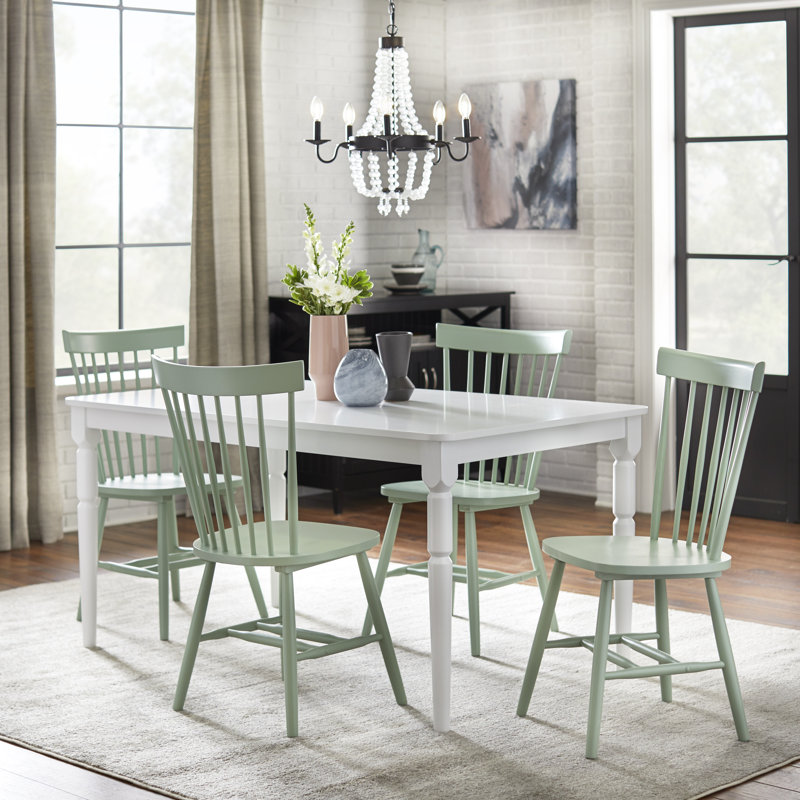 Toccoa Solid Wood Dining Set, White Table with Mint Chairs, 5 Pieces: 1 Table, 4 Chairs