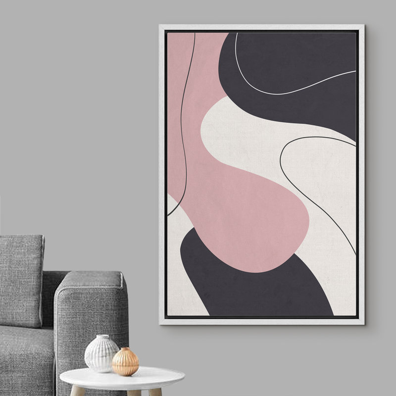 Abstrait rose et formes foncées avec ligne - cadre flottant, impression sur toile, H 36 po x l 24 po x P 1,5 po, Cadre blanc