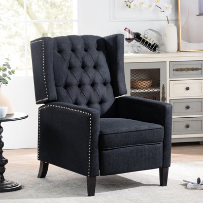 Fauteuil inclinable manuel à oreilles, 67,7 cm de large, tissu résistant à la décoloration, trois positions de confort, clous décoratifs argentés, structure en bois massif, charge maximale de 100 kg, fauteuil inclinable large noir, protection contre l'usure et la saleté.