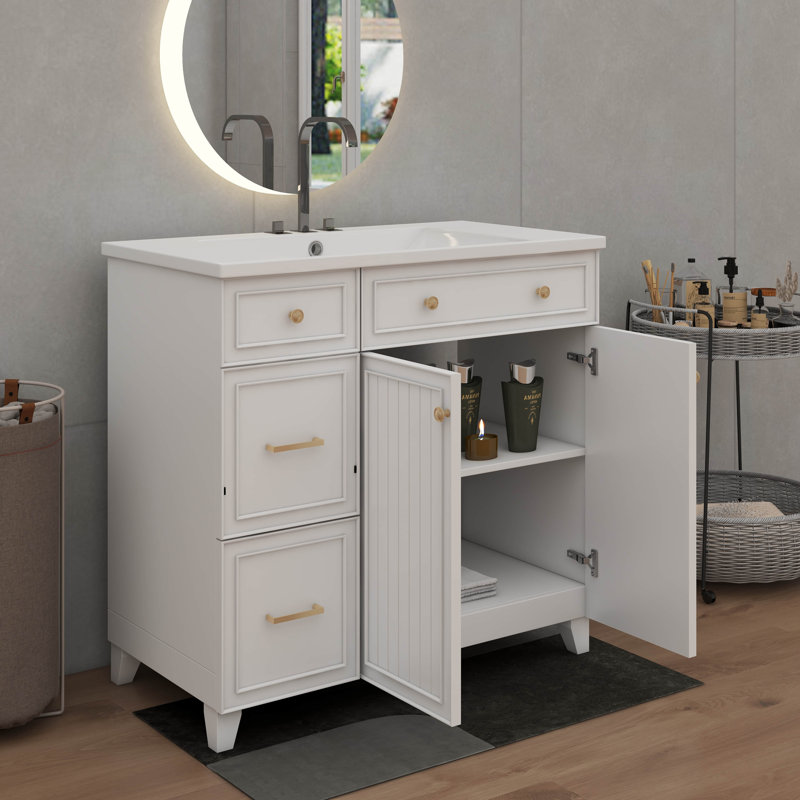 Meuble-lavabo 36 po avec lavabo en céramique, tiroir double couche et armoire de rangement à porte à fermeture en douceur avec tablette réglable