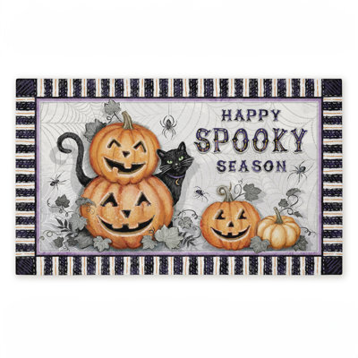 Tapis de porte rétro vintage imprimé chat et citrouilles d'Halloween, design par Chad Barrett, 18 po x 30 po