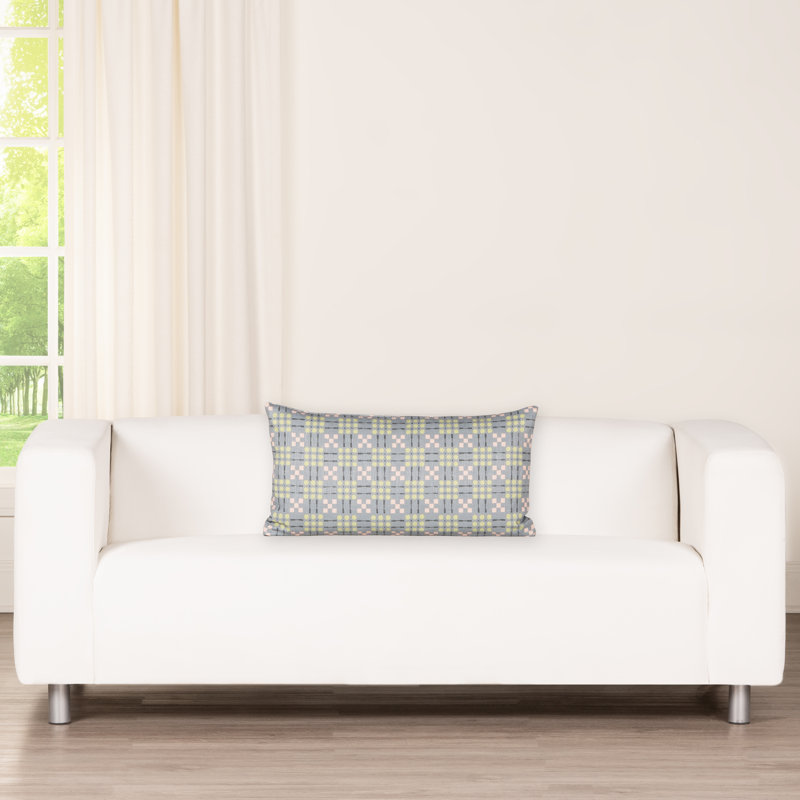 Coussin décoratif à motif géométrique Gridwork, Vert, Polyester, Rectangle H 14 po x l 26 po