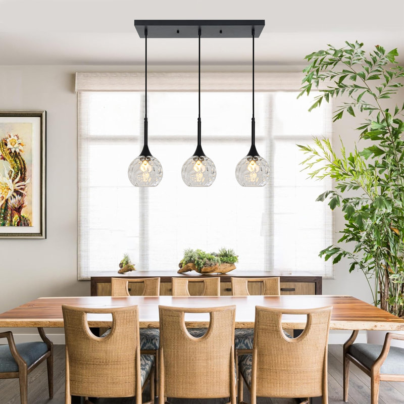 Luminaire suspendu pour îlot de cuisine 3 lumières avec globe d'eau martelé, 3, 22.8''L×5.91''W×45.3''H