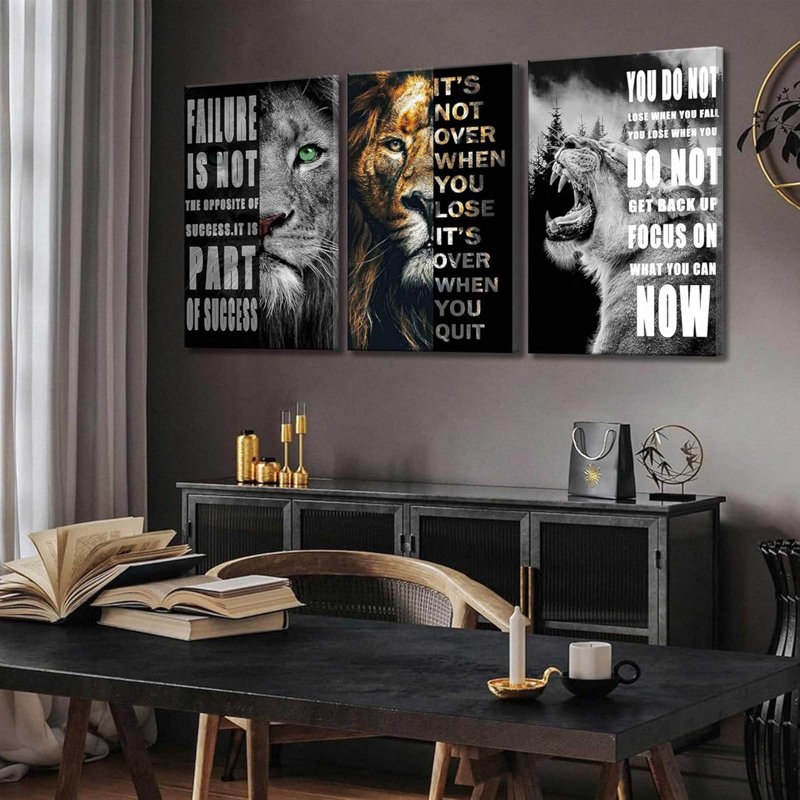 3 Pieces Office Inspirational Canvas Wall Art Modern Motivational Quotes Black Lion Pictures Wall Decor Inspiring Poster Print Artwork For Living Room Room Bedroom Home Decoration