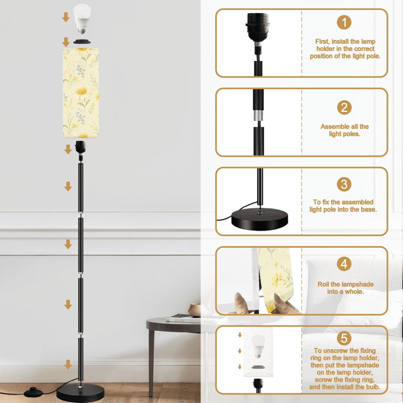 Lampe sur pied avec marguerites florales jaunes et fleurs sauvages à intensité variable avec lampe et interrupteur au pied à télécommande
