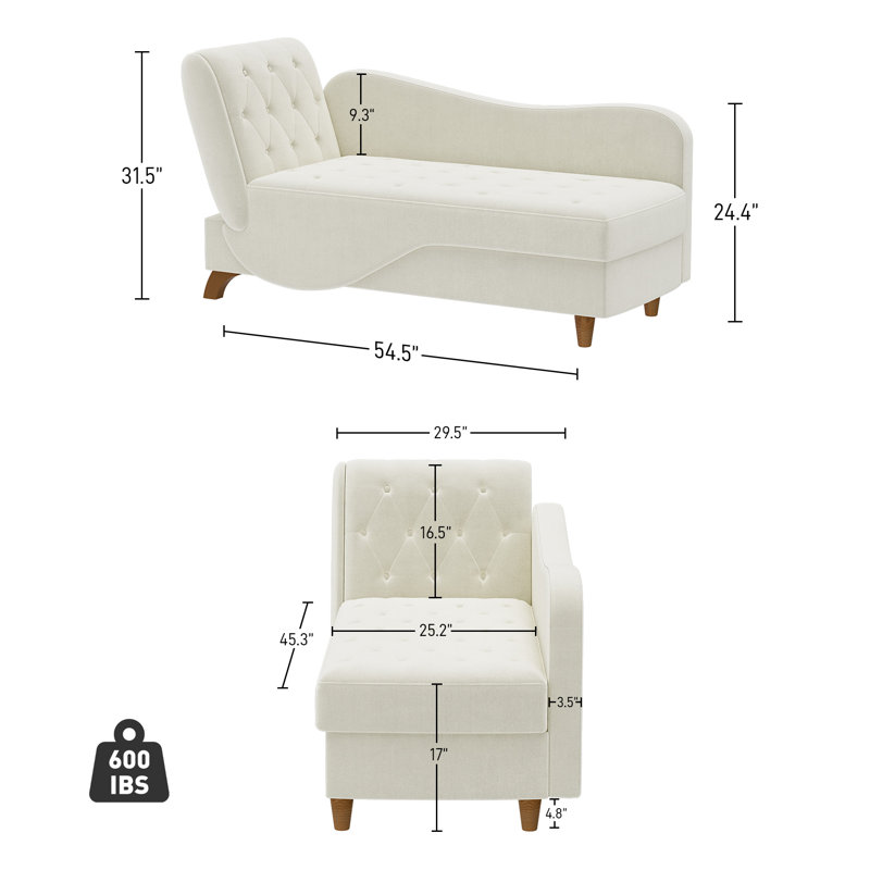 Beige Velvet Upholstered Chaise Lounge with Wooden Legs
