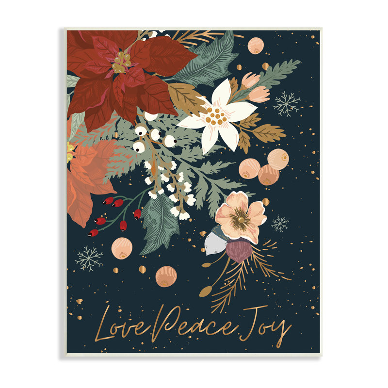 Love Peace Joy Winter Florals Seasonal Sentiment - impression, Plaque murale, H 15 po x l 10 po x P 0,5 po