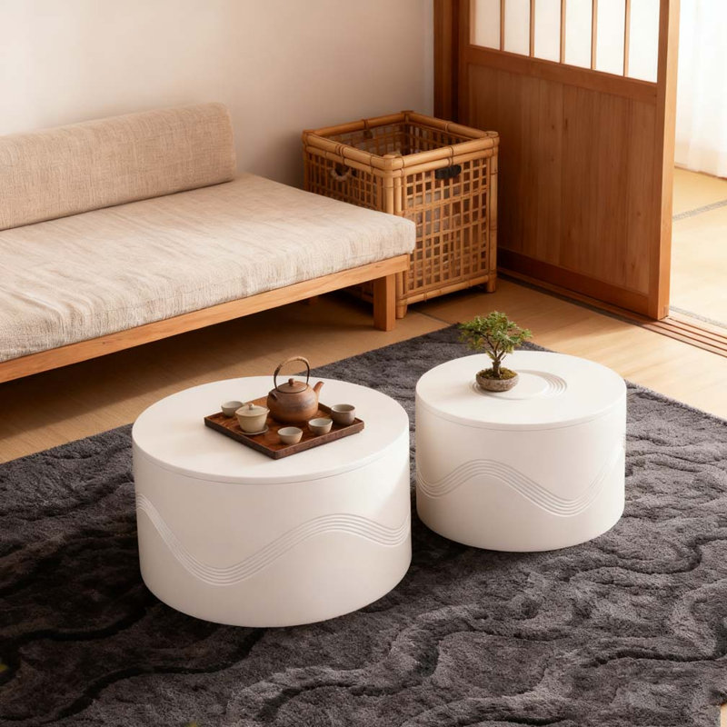 Table basse ronde blanche avec rangement caché