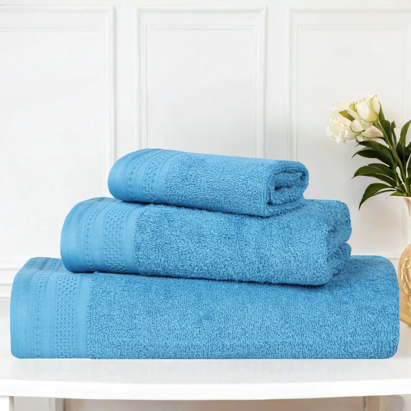 Honeycomb Textured Waffle Border Cotton Medium Weight 3 Piece Towel Set, Azure