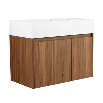 30 Inch Modern Bathroom Resin Basin - Soft Close Doors, Plywood Construction, Walnut Color, Float Mounting, For Small Bathrooms Sink Basin,