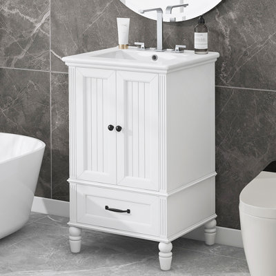 Meuble-lavabo de salle de bain avec lavabo, armoire avec deux portes, butoir de porte magnétique, patins réglables et tiroir pour un rangement pratique dans la salle de bain