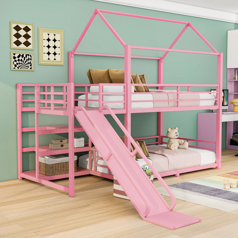 Lit superposé en métal avec escalier de rangement, glissade et barrières de sécurité, Lit superposé double sur double, Pink