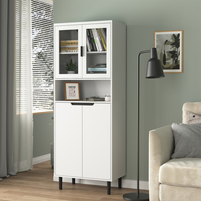 Modern Tempered Glass Door Tall Storage Bookcase with adjustable board, White