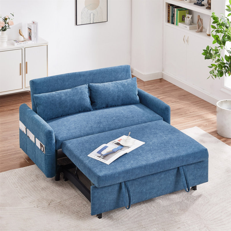Canapé-lit avec canapé-lit 55,1 po avec dossier ajustable, poches de rangement, 2 coussins moelleux, ports USB, Blue
