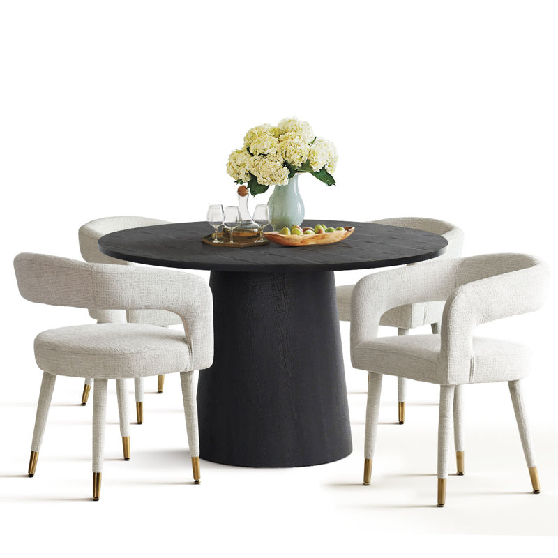 5-Piece Modern Dining Set with Round Pedestal Table and Upholstered Open-Back Chairs, Offwhite