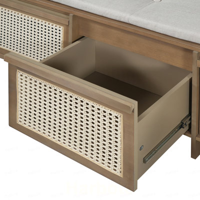 Entryway Shoe Bench, Retro Storage Bench with Rattan Drawers & Removable Button‑Tufted Upholstered Cushion for Living Room, Hallway, Foyer, Stair Landing