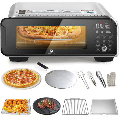 Four à pizza électrique de comptoir, 800 po, pizzas de 12 po, 15 fonctions, 10 accessoires, acier inoxydable