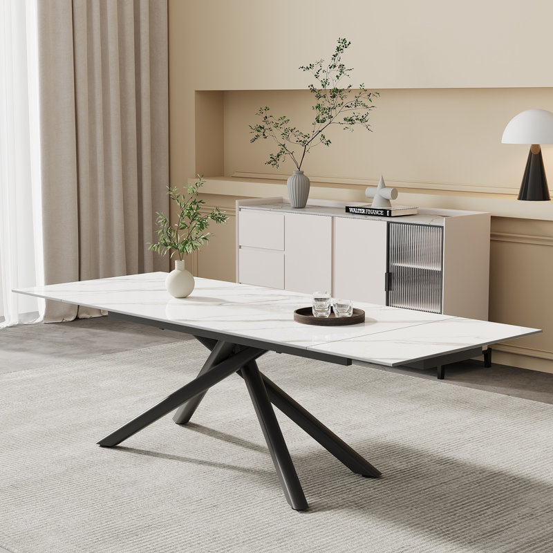 Ensemble de salle à manger rectangulaire avec chaises en tissu 70,8 "à 102,3" Louina, Noir / or, Snow Mountain White, 9