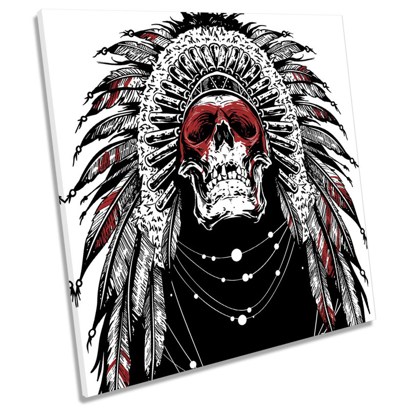 Skull Head Dress Native Feathers - Wrapped Canvas Print, 91.4cm H x 91.4cm W x 4cm D