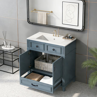 30" Retro Style Bathroom Vanity Unit: Ceramic Sink & Solid Wood Cabinet With Soft-Close Doors