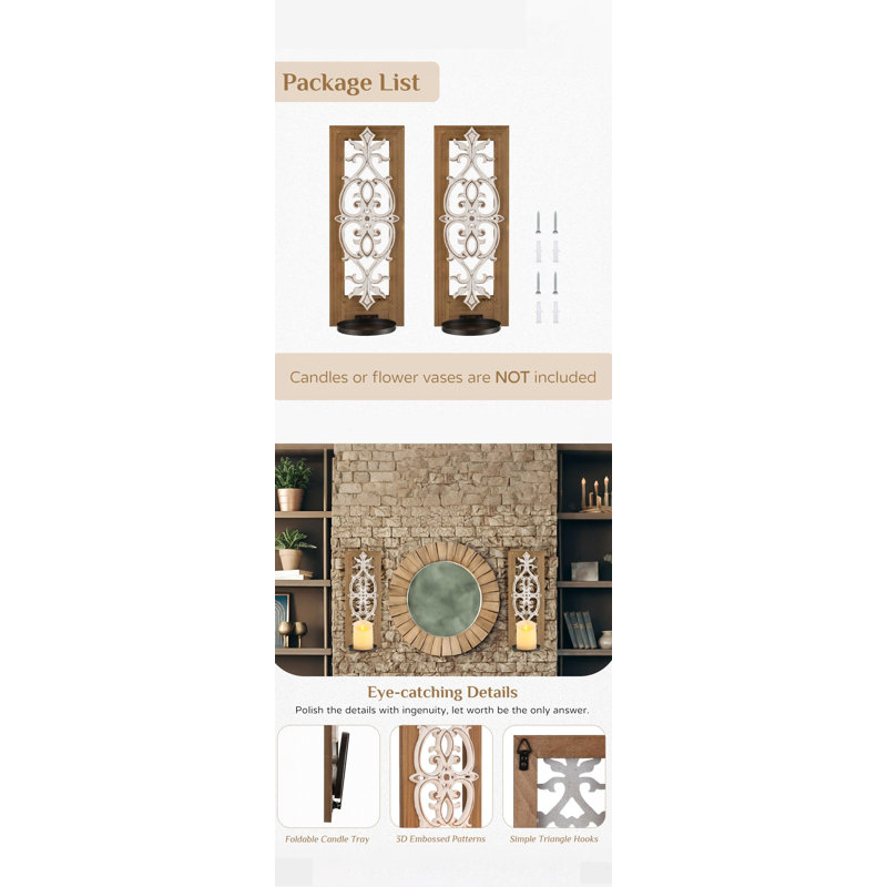 Ensemble de 2 appliques murales en bois, dessus vieilli pour bougies piliers ou plantes, foyer, White