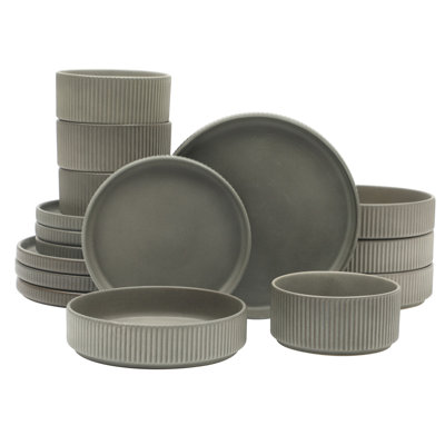 Gibson Elite Deerfield 16-piece Stoneware Dinnerware Set – Stackable Plates And Bowls, Reactive Glaze, Service Fo In Gray
