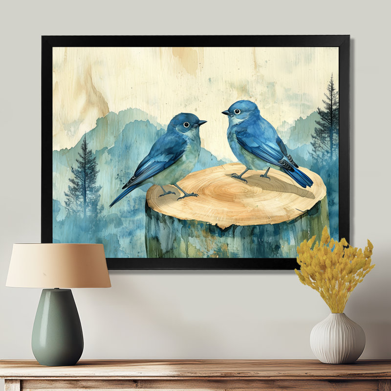 Oiseaux bleus et blancs sur une glissoire en bois II - Art mural oiseau pour le salon, H 30 po x l 40 po, Cadre simple, Noir