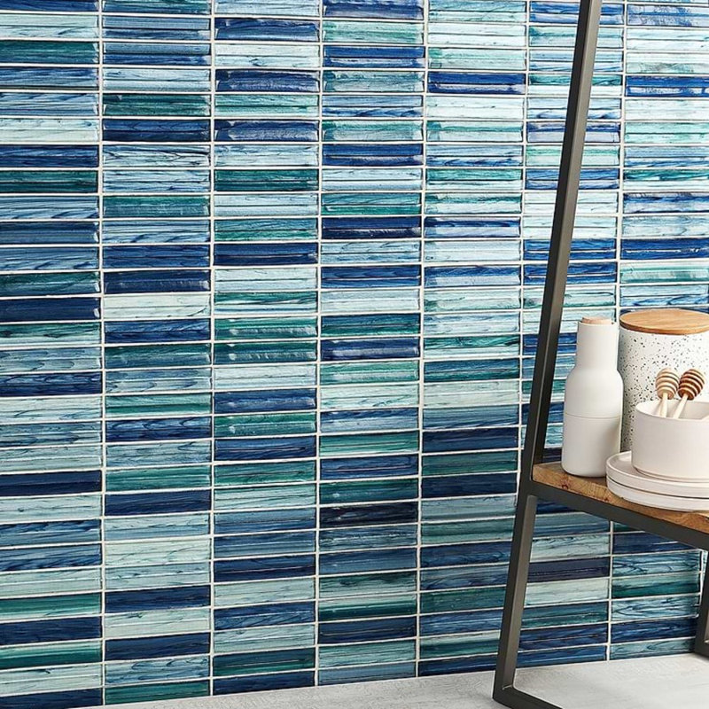Maya Polished Glass Mosaic, Stacked Aqua