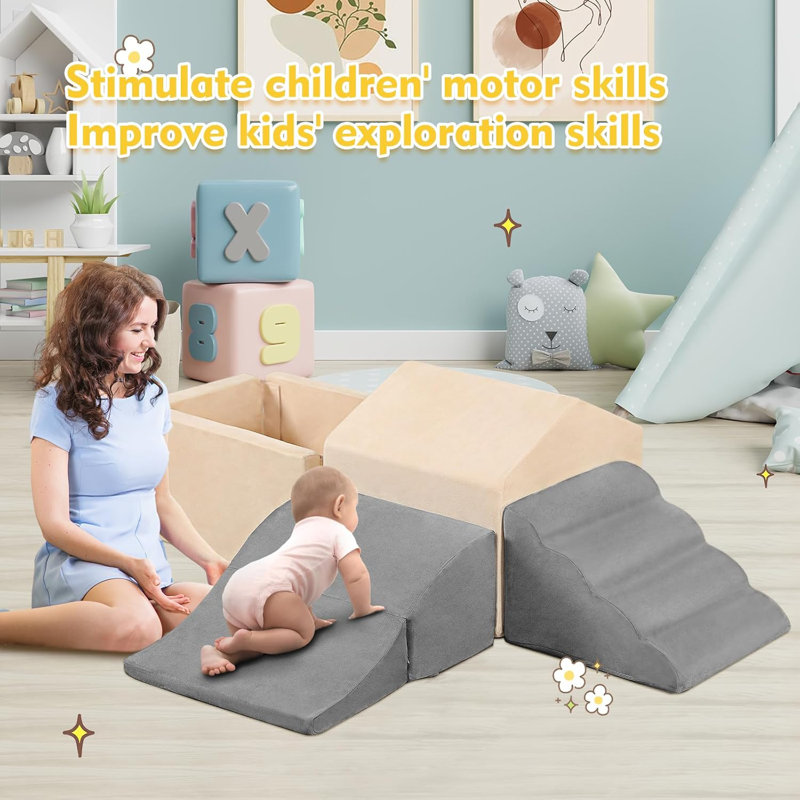 6PCS Climb And Crawl Activity Playset, Soft Foam Climbing Blocks Indoor, Toddler Play Climbing And Ball Pit With Slide Stairs And Ramp