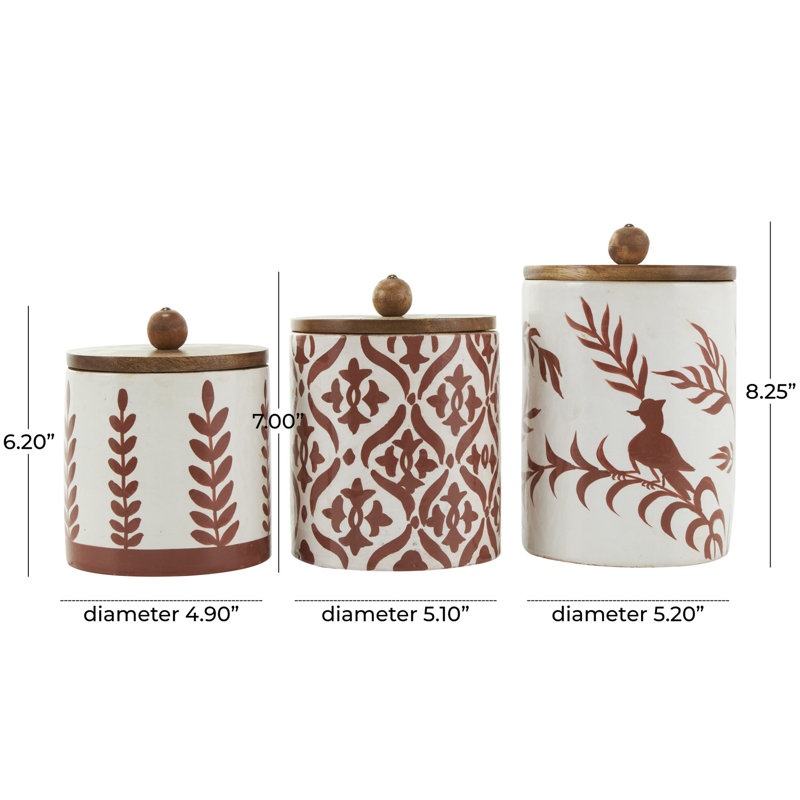 Ensemble de pots décoratifs floraux en céramique avec couvercles en bois, Brun / blanc