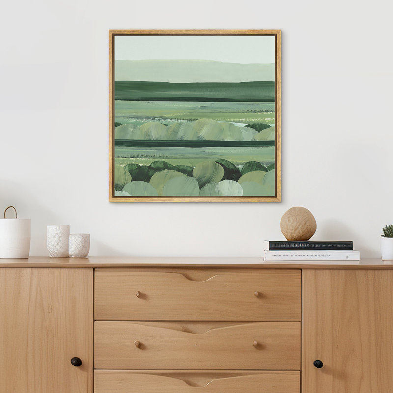 Green Abstract Landscape, 16" H x 16" W, Natural Floater Frame