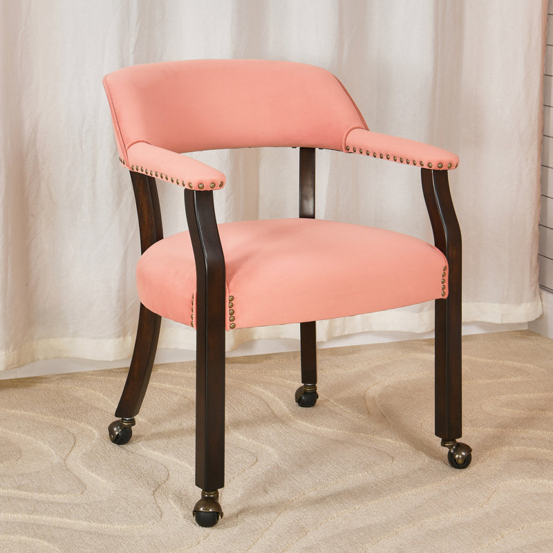 Wexford Collection Mid-Century Modern Upholstered Fabric Dining Chair, Wood Accent Chair with Arms and Casters for Dining Room, Vanity or Office, Velvet-Look Black Dining Chair