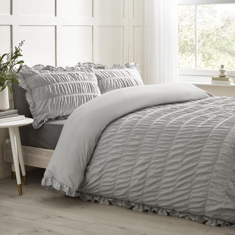 Seersucker Frill Duvet Cover Set, Silver Grey, Kingsize Duvet Cover + 2 Standard Pillowcases
