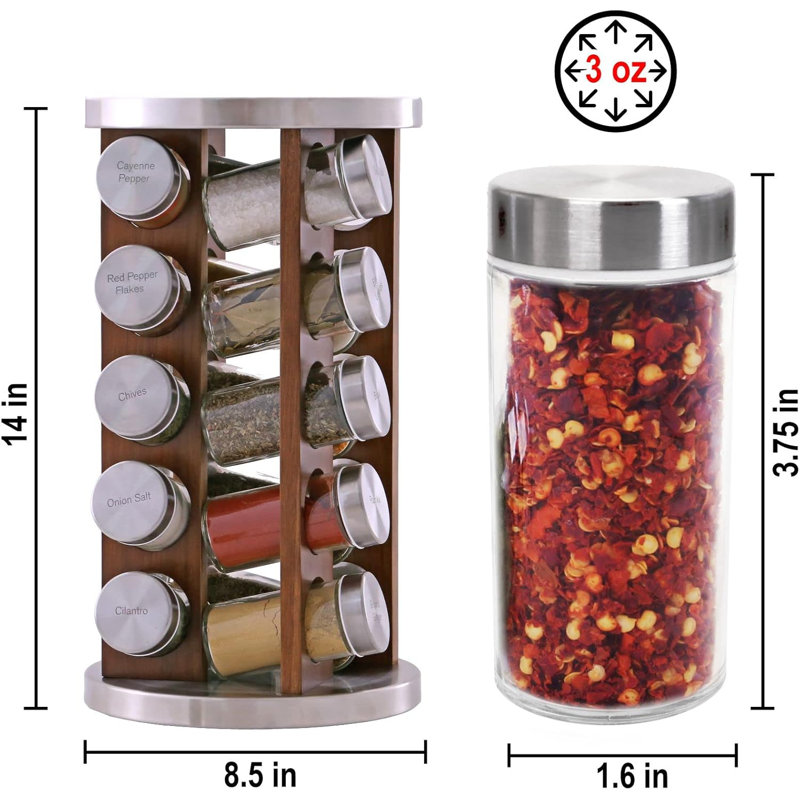 20 Jar Dark Wood Spice Rack with Spices Included Rotating Tower Organizer