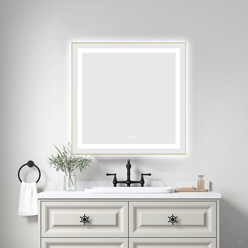 Miroir de salle de bain 30 po x 30 po à DEL avec façade et rétroéclairage, miroir de meuble-lavabo mural avec cadre en aluminium, antibuée, mémoire, 3 couleurs, gradation continue