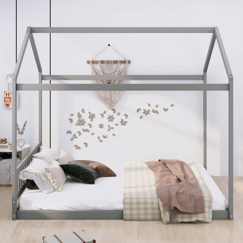Wooden House Bed With Headboard, Gray