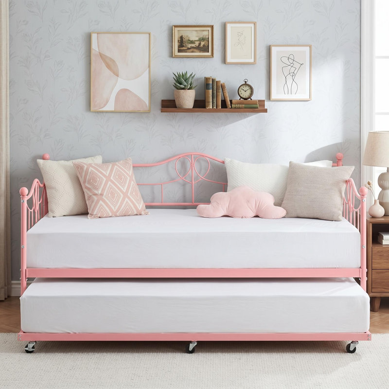 Lit de jour moderne en métal avec lit gigogne escamotable, Pink