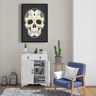 Mexican Sugar Skull Art - Yellow Framed Canvas for Living Room