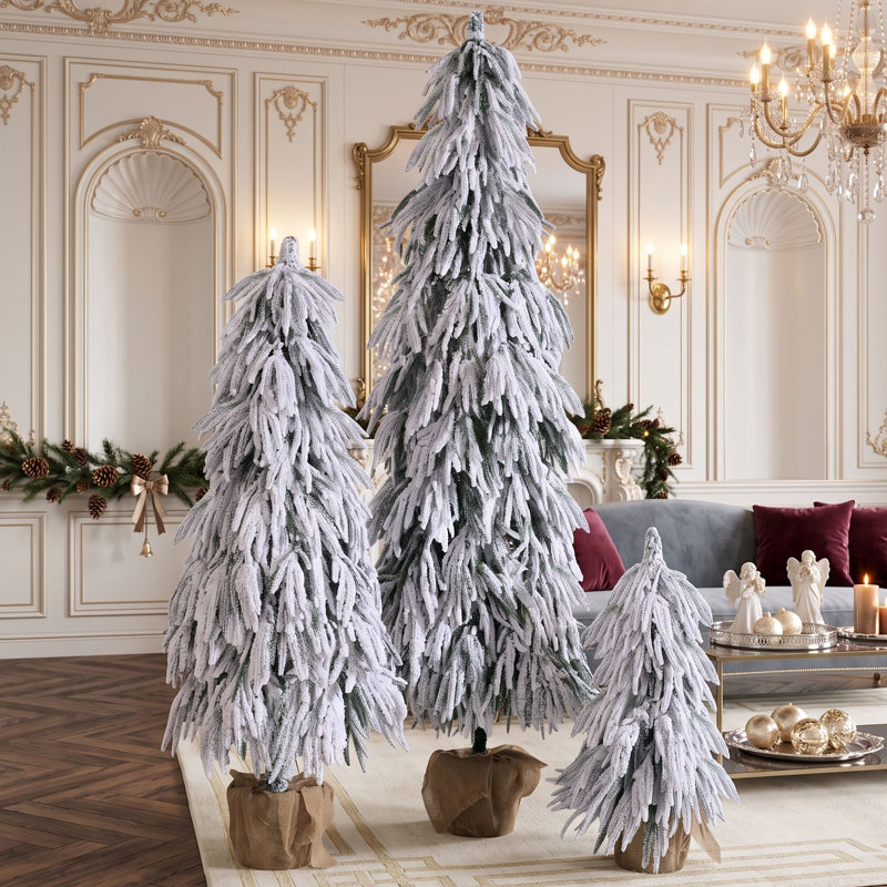 Sapin de Noël artificiel floqué pré-illuminé, ensemble de 3