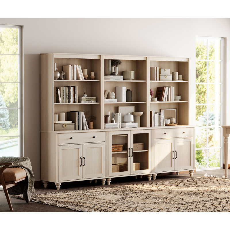 Buffet avec bahut, buffet avec portes en verre, tablettes à 3 niveaux et rangements en bois, beige clair, 101 po
