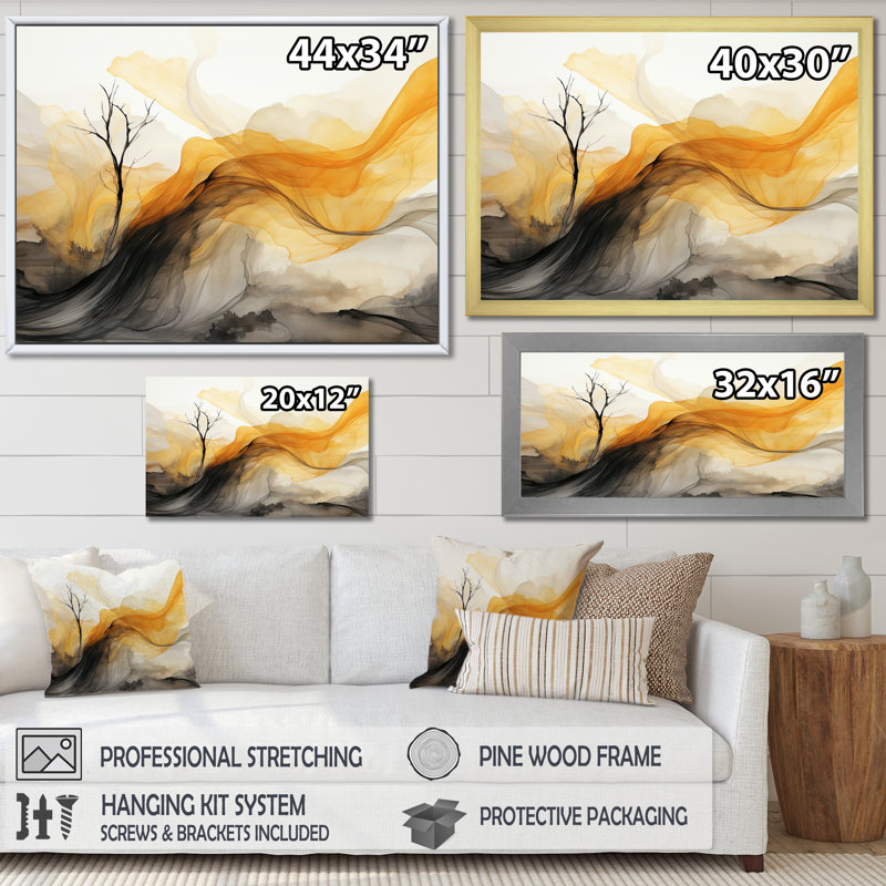 Paysages de rêves vagues rétro jaune noir - formes abstraites, art mural, salon, H 16 po x l 32 po x P 1 po