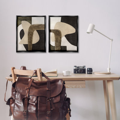 Minimalist Brown Beige Shapes 2 PC  Framed Floater Canvas Set by Vanna Lam